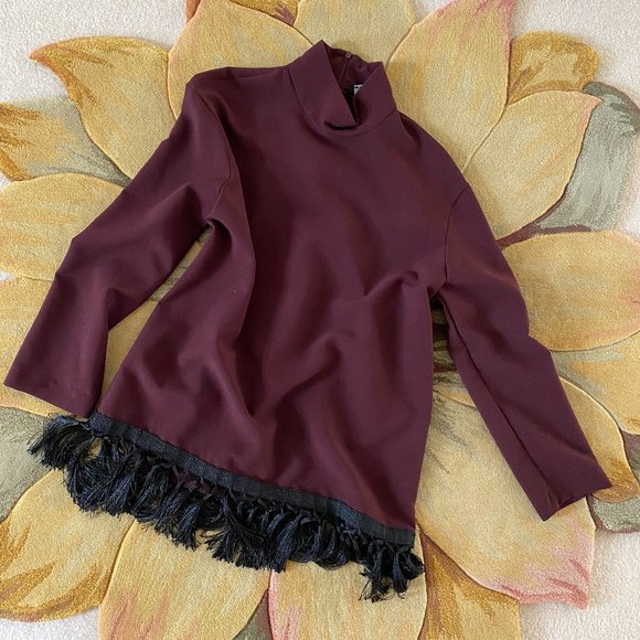 Zara Burgundy High neck Fringe Tassle Trim Tunic - Picture 1 of 9